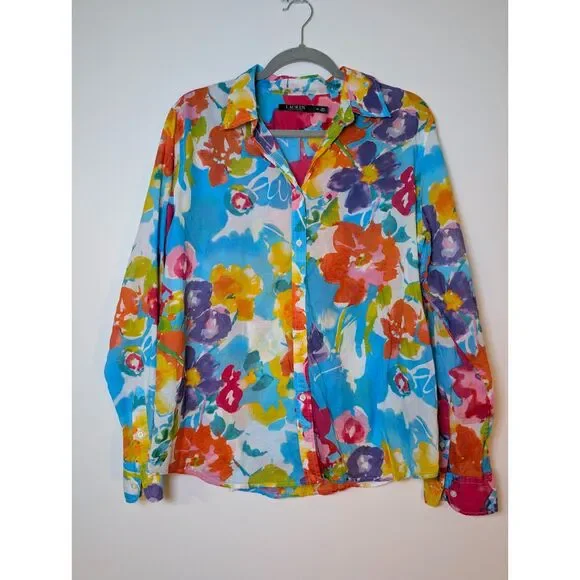 Lauren Ralph Lauren Floral Button Up Shirt 16 Cotton Sheer Spring Bloom - Picture 2 of 8